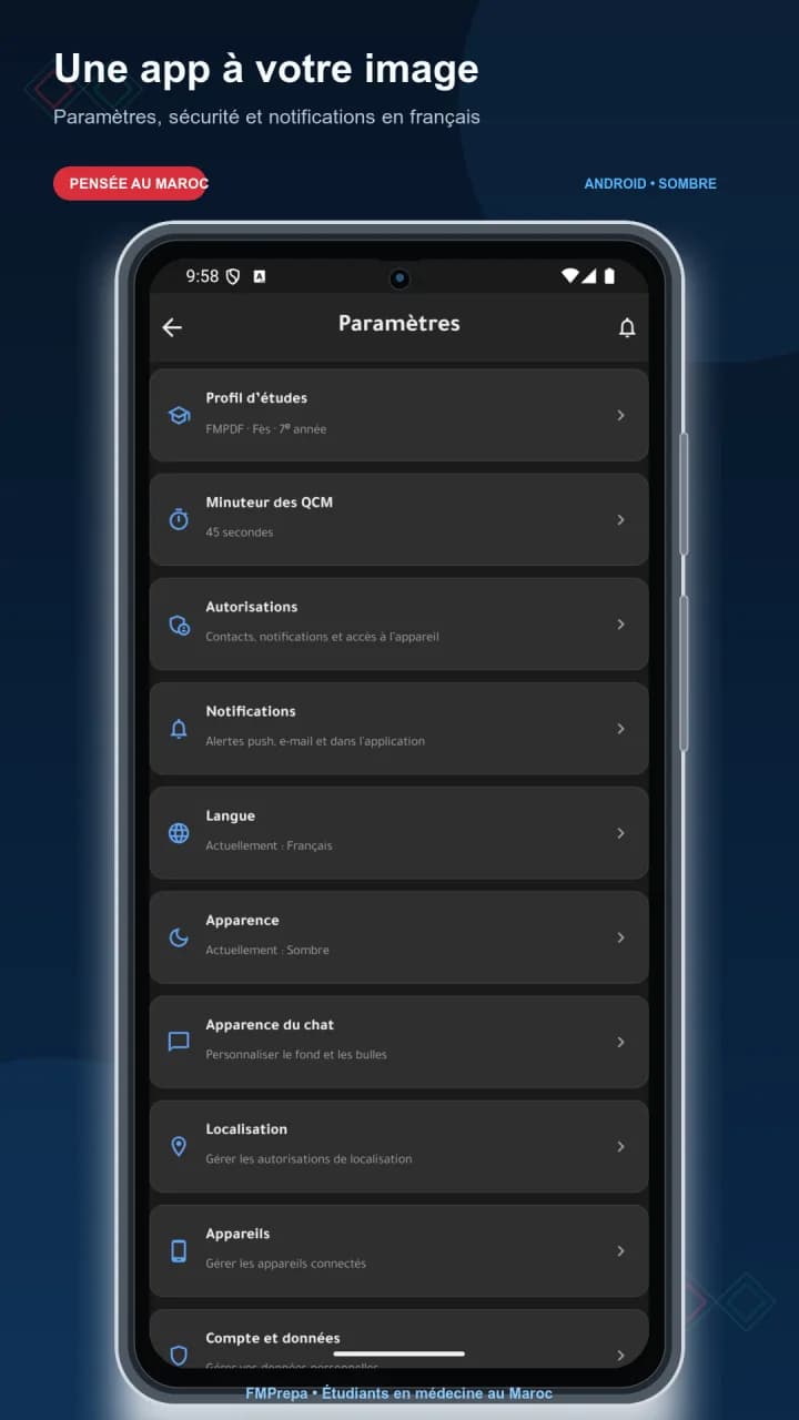 An app that fits you - Language, appearance, notifications, devices and privacy. - FMPrepa Android