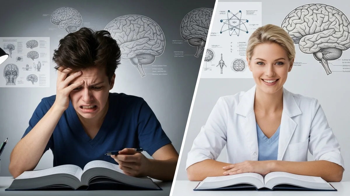 Young Moroccan woman meditating peacefully in a bright and organized study setting, symbolizing stress management and mental clarity for medical exam preparation.